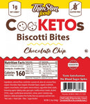 Thin Slim Foods CoOKETOs Biscotti Bites in Chocolate Chip flavor, featuring a bright red and yellow packaging, highlight nutritional information and ingredients, emphasizing gluten-free and low-carb benefits.