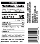 A nutrition facts label displays serving size, calorie count, and ingredient information for a product containing maltitol syrup, natural maple flavor, and caramel color, with 16 servings per container.