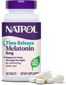 A white bottle of Natrol Melatonin 5mg Time Release with a purple cap, 100 tablets, shown with tablets beside it.