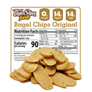 A pile of thin, crispy bagel chips is displayed in front of a nutrition facts label for Thin Slim Foods' Original Bagel Chips, highlighting low calories, protein, and fiber content.