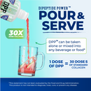 A bottle labeled "Dipeptide Power" is pouring a red liquid into a clear glass, which contains slices of fruit, with text highlighting the product's collagen benefits and usage instructions.