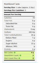 Nutritional facts for a cake, detailing serving size, calories, total carbohydrates, dietary fiber, sugars, and protein, with highlighted net carbs and diet counts for easy reference.