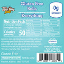 A nutrition label for Thin Slim Foods' Gluten Free Everything Rolls, detailing serving size, calories, and nutritional content, with a blue background and product guarantees.
