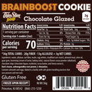 ThinSlim Foods BrainBoost Chocolate Glazed Cookie label with Nutrition Facts, ingredients, and storage instructions.