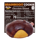 ThinSlim Foods BrainBoost Chocolate Glazed Cookie label behind a cookie with chocolate glaze.