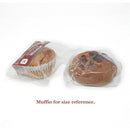 Two muffins, one in a clear wrapper and one without, are placed side by side with a label below stating "Muffin for size reference."