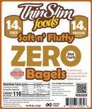 A product label for Thin Slim Foods' Soft n' Fluffy Zero Bagels, highlighting 14g of fiber and protein per serving, with nutritional information and a guarantee of taste satisfaction.