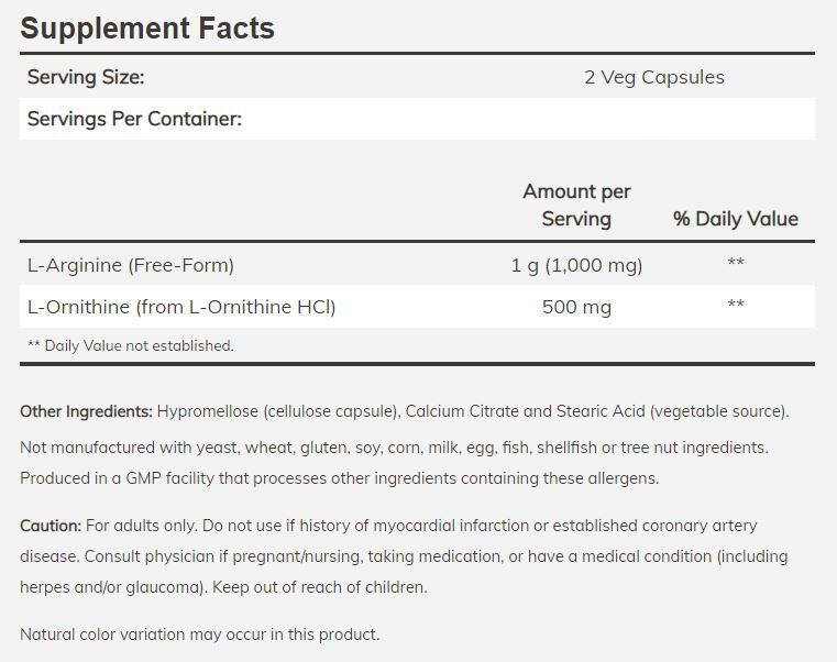 NOW L-Arginine 500mg & L-Ornithine 250mg