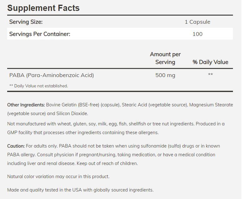 NOW PABA 100 capsules 